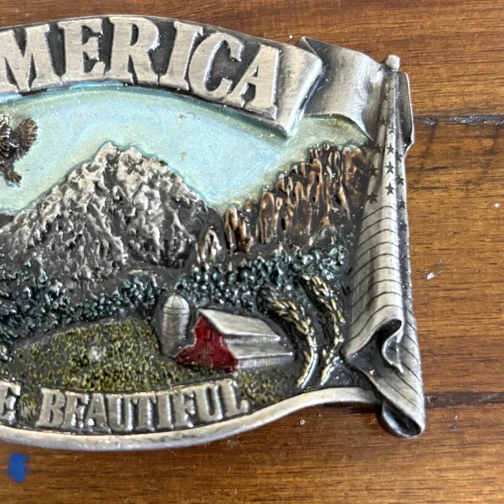Vintage Bergamot Brass Works 1983 Brass Belt Buckle America The Beautiful Chunky